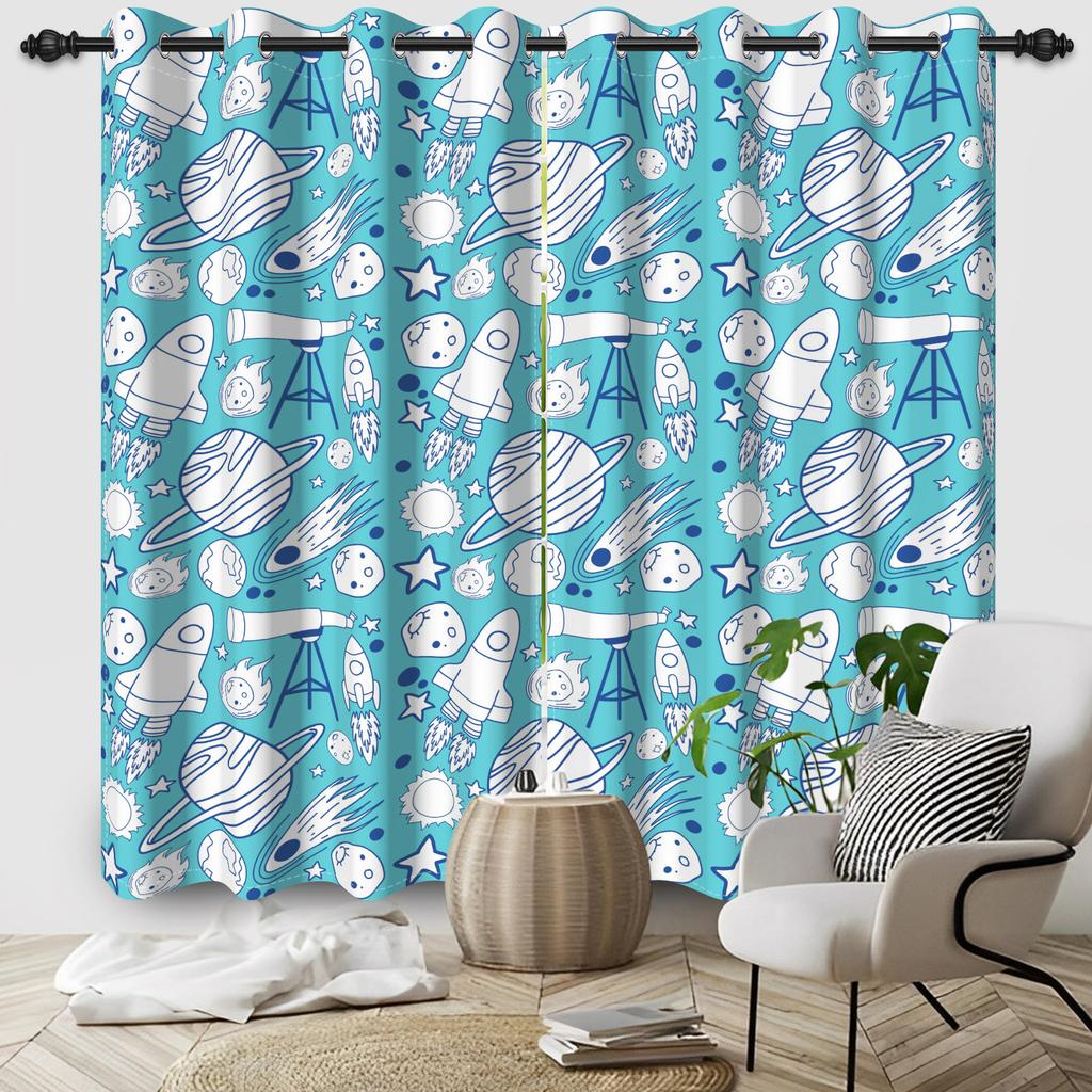 Cosmic Planet Curtains Cartoon Pattern Printed Window Polyester Thermal Insulated Home Interior Curtain Blackout