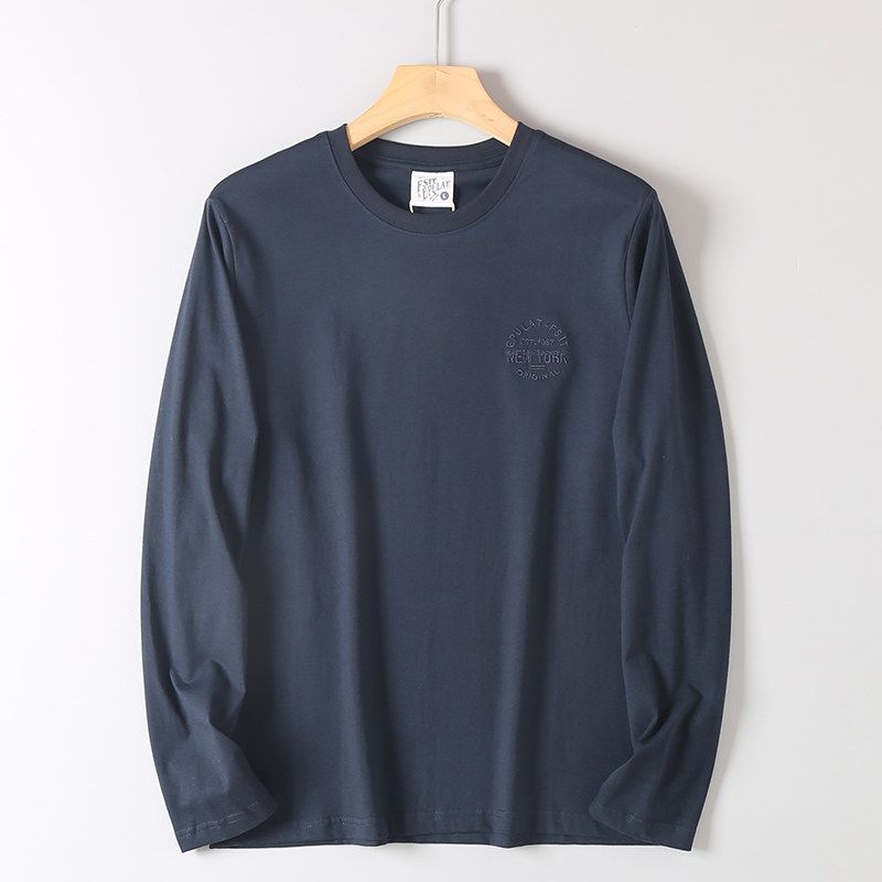Heavy Industry Letter Embroidery! Autumn Men's Cotton Long Sleeves Shirt Foreign Trade Export Orders Solid Round Neck Bottoming Shirt