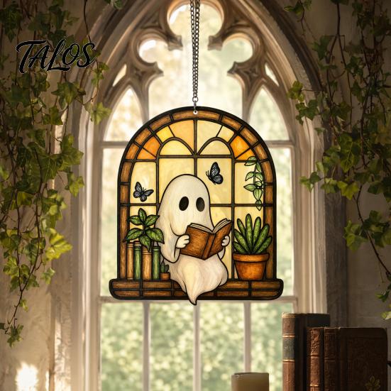 Window Suncatcher Decoration Halloween Ghost Reading Sun Catcher, Stained Glass Style Hanging Acrylic Catcher Ornament, Cute for Home Garden