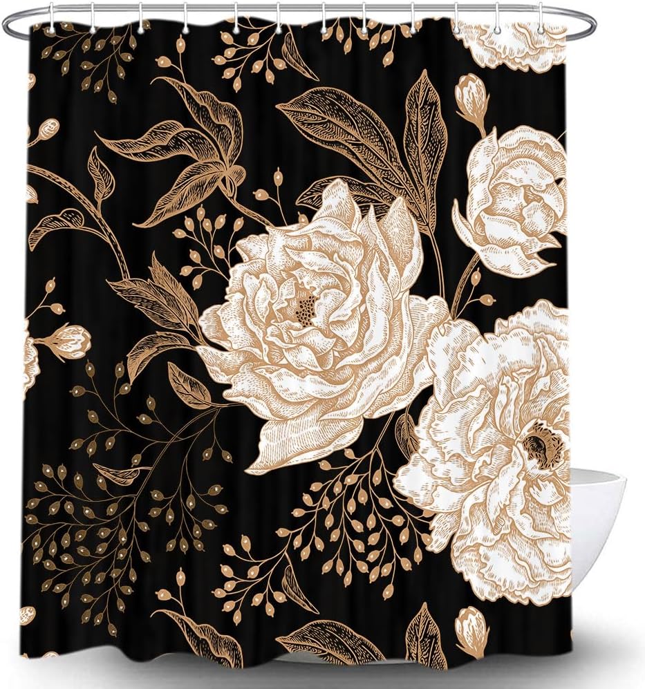 Torich Black Gold Floral Shower Curtain, Boho Dark Roses Leaves Botanical Aesthetic Flower Shower Curtain For Bathroom With Hook