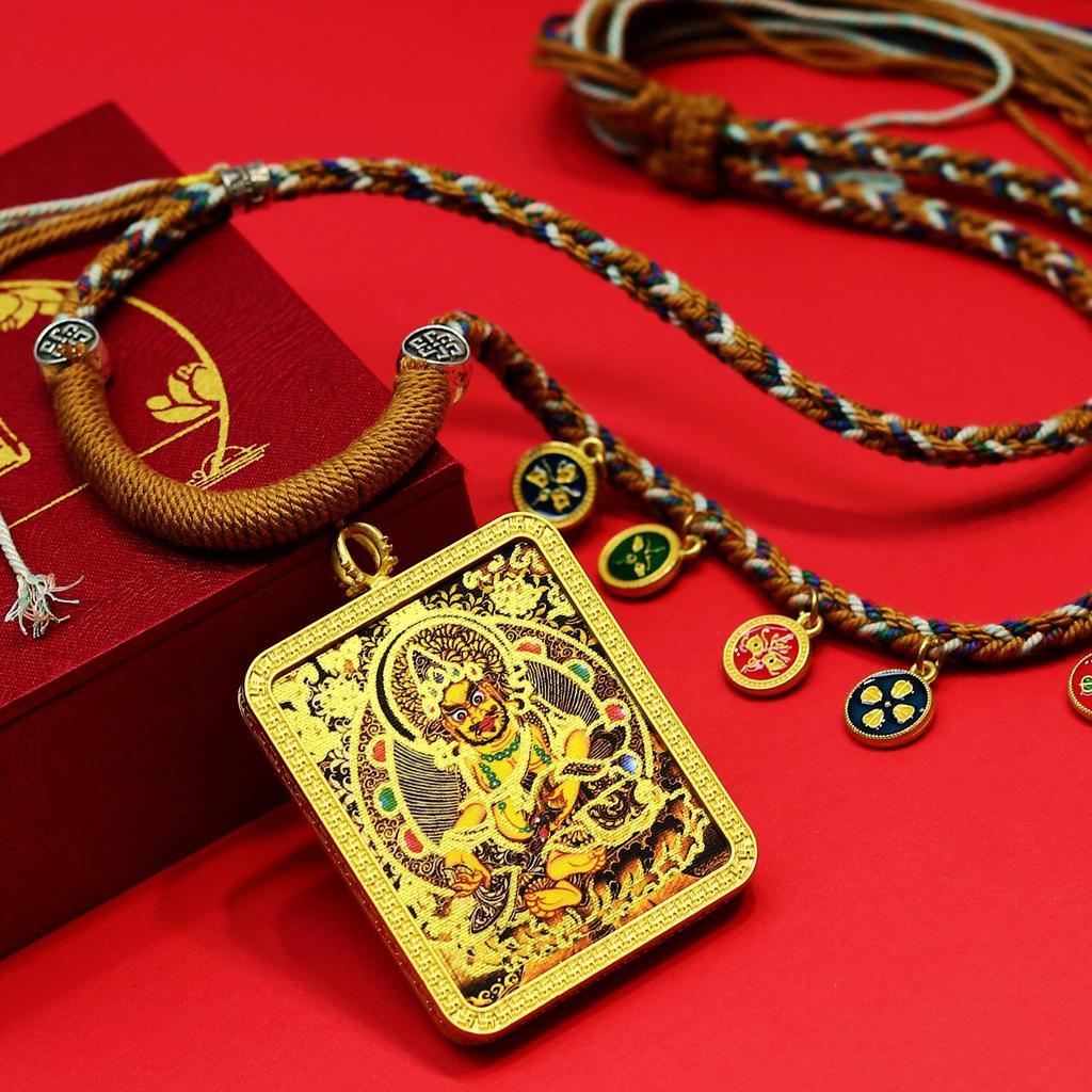 Yellow Jambhala Tibetan Thangka Gold Pendant Necklace with Fashionable Rope for Attracting Wealth