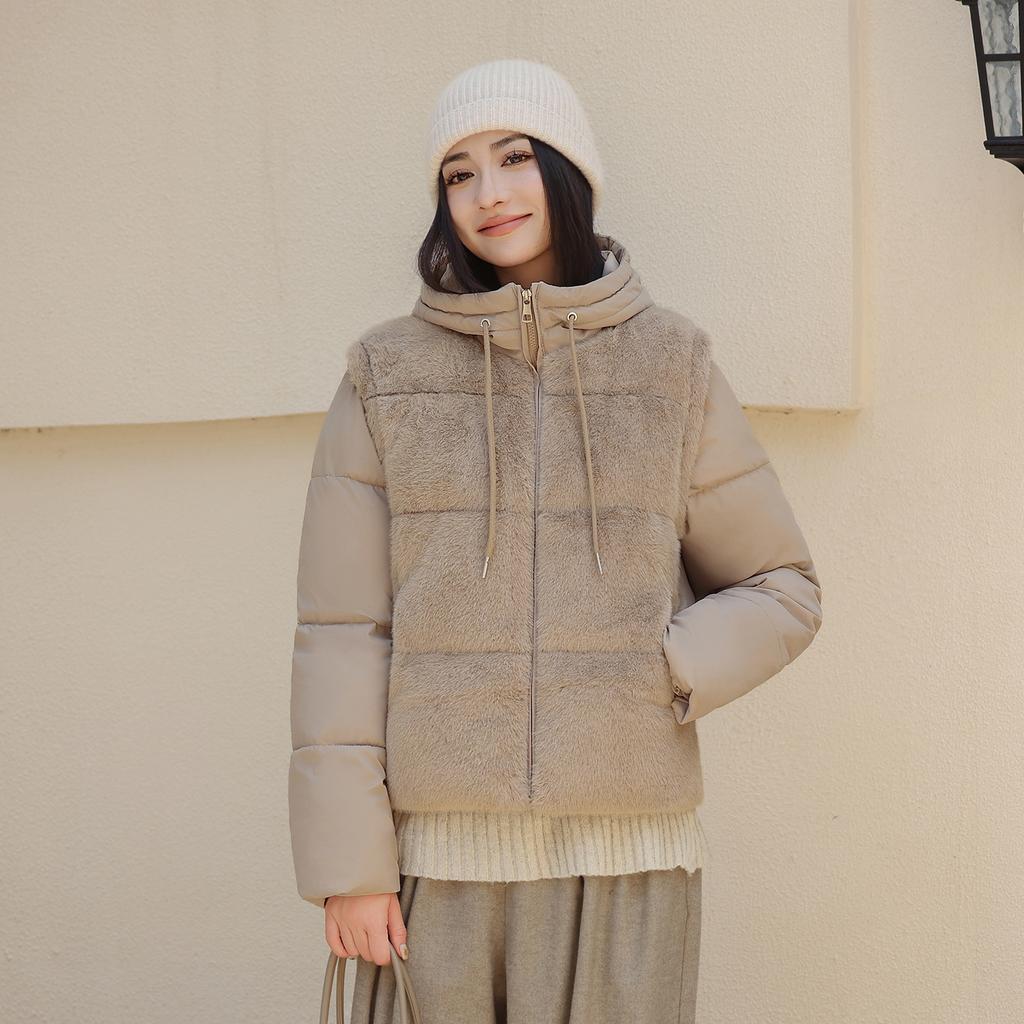 Fashion new removable sleeve down cotton-padded jacket for women's short small hooded thickened warm splicing cotton-padded jacket