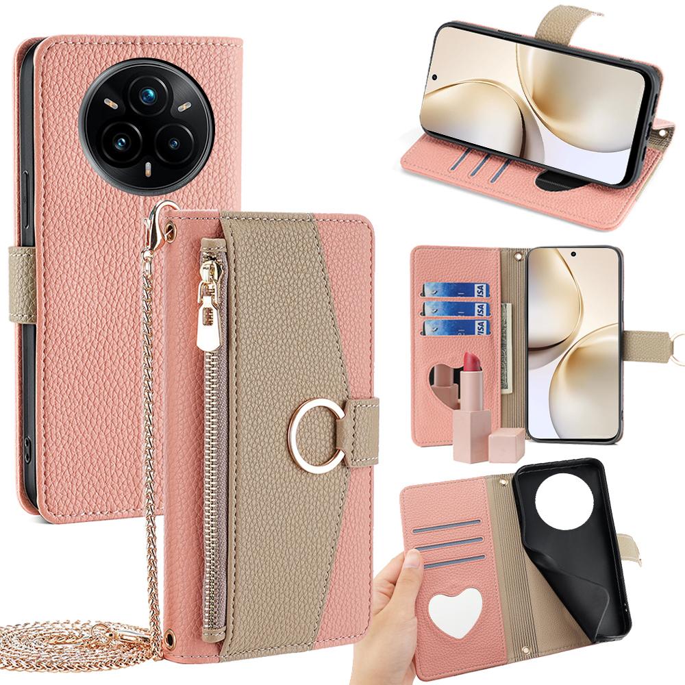 

For Realme 14 Pro 5G Case Mirror Wallet Leather Phone Cover with Chain Shoulder Strap Pink