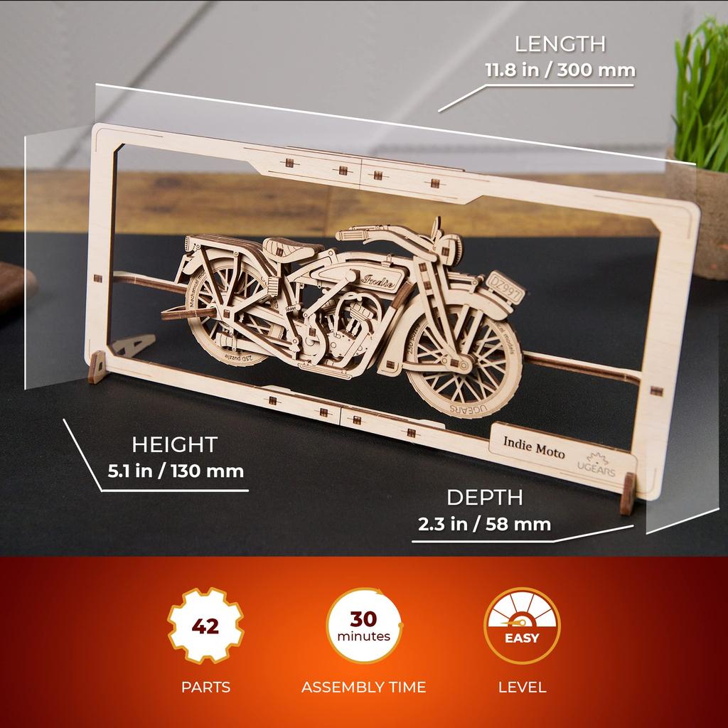 Ugears Indie Moto Wooden 3D 3D Easy Beginner Assembly No Glue 42 Estimated Assembly 30 Minutes 2.5D Puzzle, Puzzle, Puzzle, Puzzle, Kit, Vehicle,