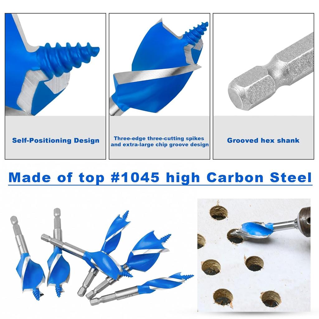 6-Piece Impact Wood Drill Bit,Auger Drill Bit Set for Wood,with Hex Shank Quick Change for Hardwood and Softwood,Plastic,etc