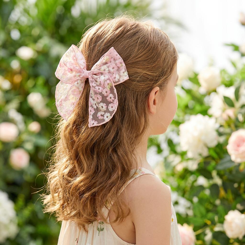 Floral Mesh Hair Bow for Girls Kids Large Daisy Embroidery Hair Clip Sweet Fairy Barrette Party Princess Hair Accessories
