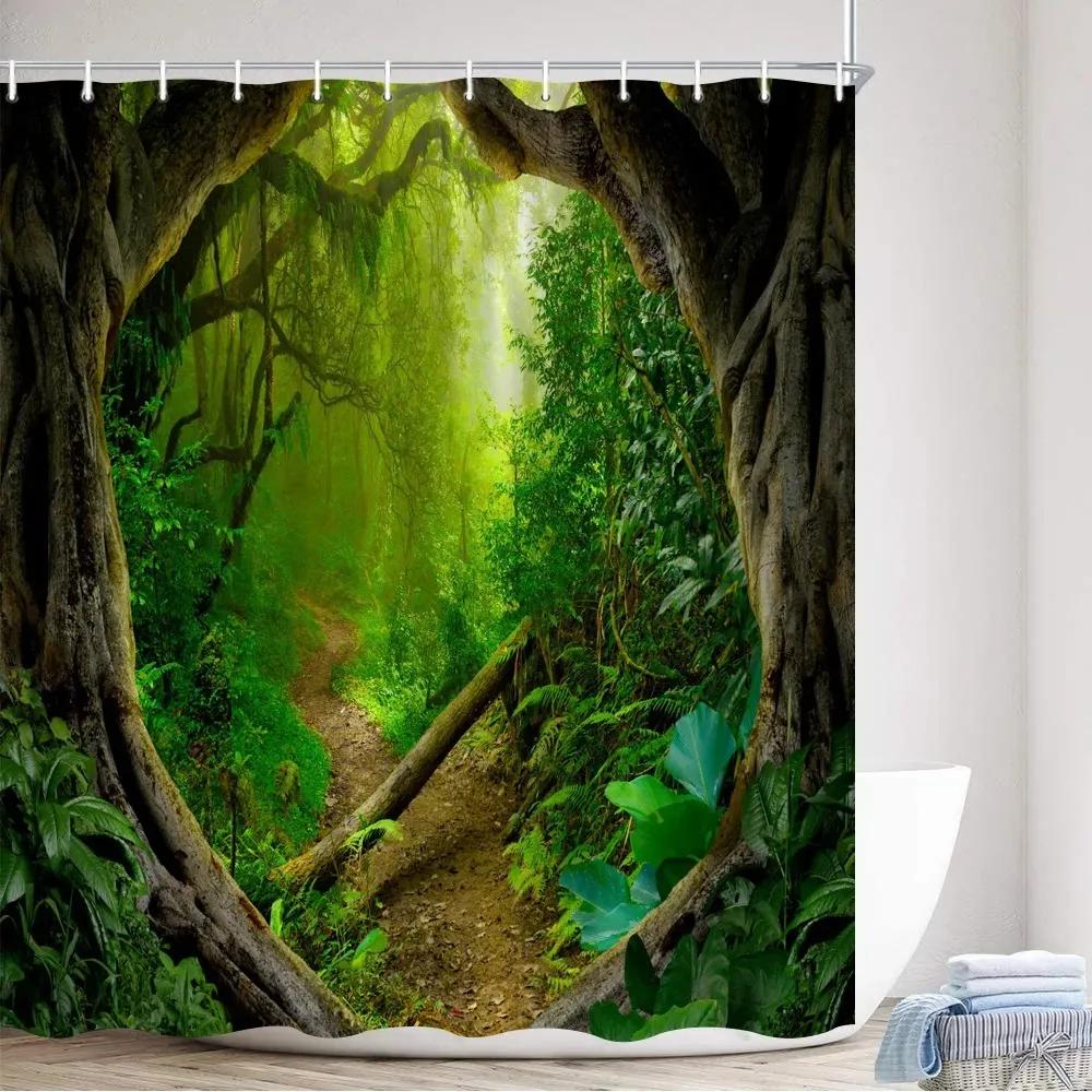 Tropischer Regenwald Duschvorhänge Waldpflanzen Rustikale Naturlandschaft Badevorhang Gartenwandbehang Badezimmer Dekor Haken