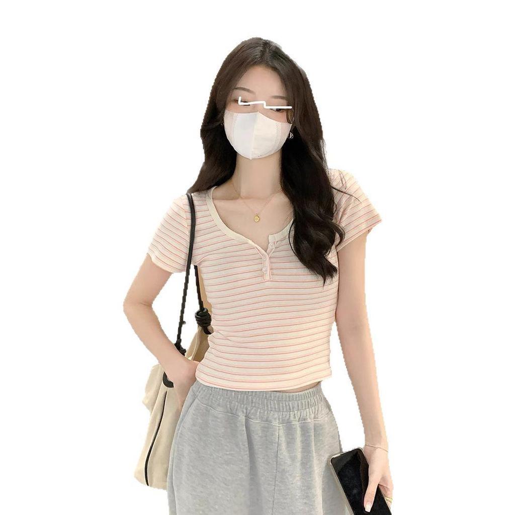 Women's Striped Short Sleeve Slim T-Shirt with Half-Open Collar - 2025 Summer Fashion