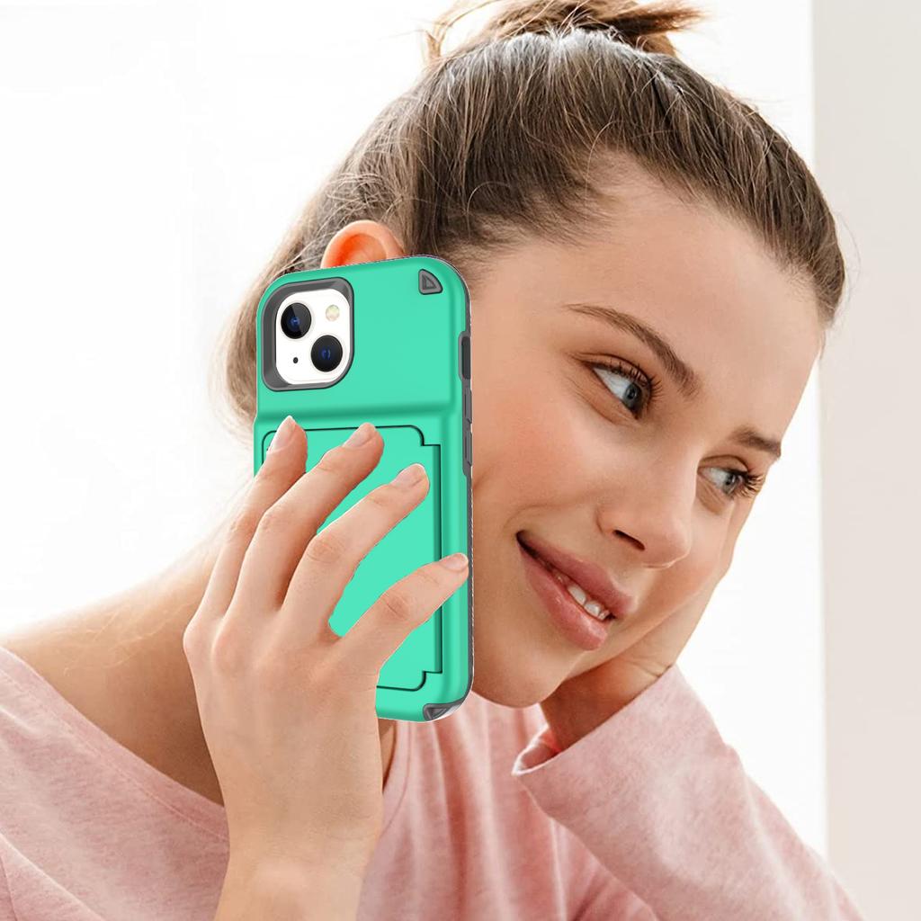 For iPhone 15 Card Case PC+TPU Phone Cover with Makeup Mirror