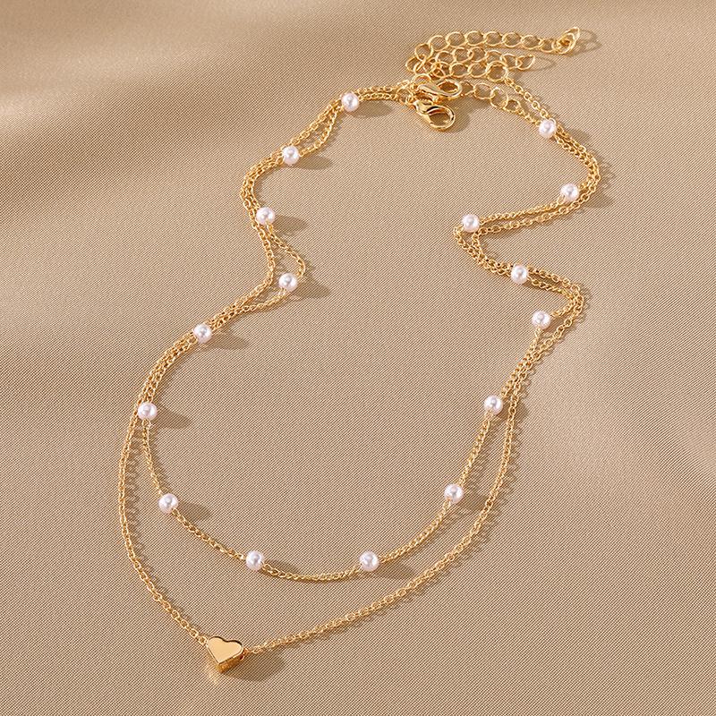 Vintage Pearl Choker Necklaces For Women Fashion Double Layer Chain Small Love Heart Pendant Necklace Jewelry Gift