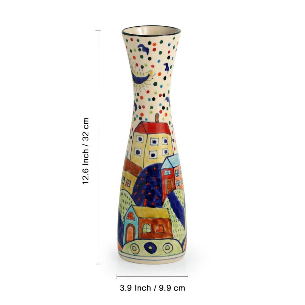 'The Hut Long-Neck' Hand-Painted Artifacts for Living Room & Home Decorative Ceramic Flower Vase