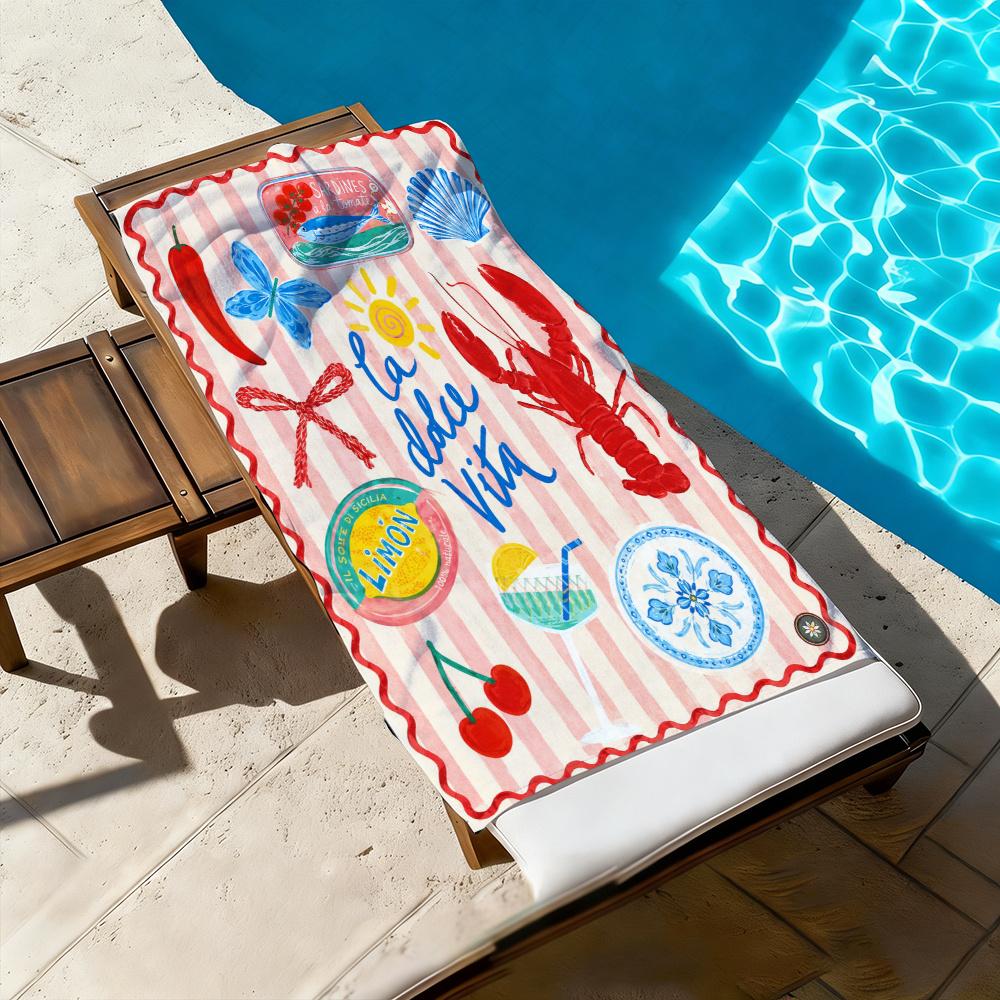 Pink Stripe Italian La Dolce Vita Lobster Lemon Super Absorbent Microfiber Beach Towel Mediterranean Holiday Pool Towel