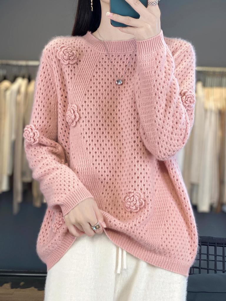 2025 Autumn/Winter Women's Thick Cashmere Hand-Knit Hollow Round Neck Long Sleeve Sweater