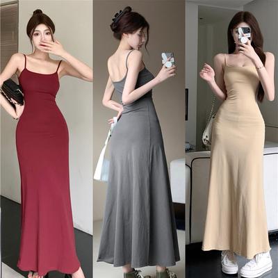 Spice Girl Suspender Dress Women's Summer New Sexy Slim Waist European and American Style Solid Color Long Dress