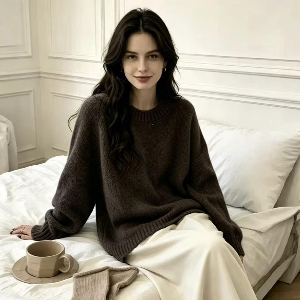 Lazy Wind Large Size Pullover Sweater Women's Autumn and Winter New Versatile Soft Waxy Thick Version Wool Blended Pullover