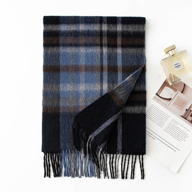 Korean Atmosphere Scarf Pure Cashmere Blue Plaid Scarf for Men Winter High End Cashmere Scarf for Women