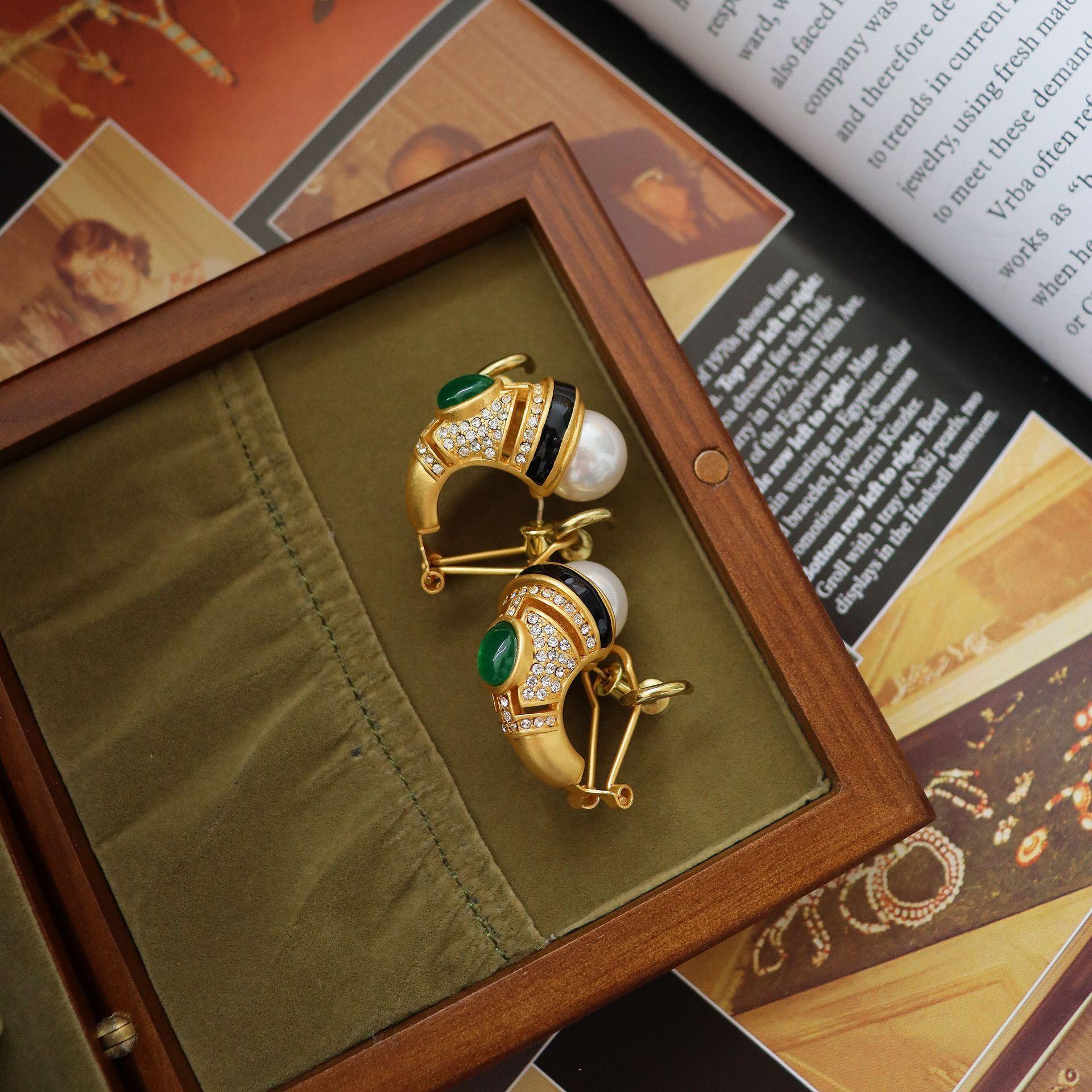 

18K Vintage Old Gold Replica Ancient Egyptian Elephant Trunk 9.5-10 mm Australian White Emerald Diamond Stud Earrings