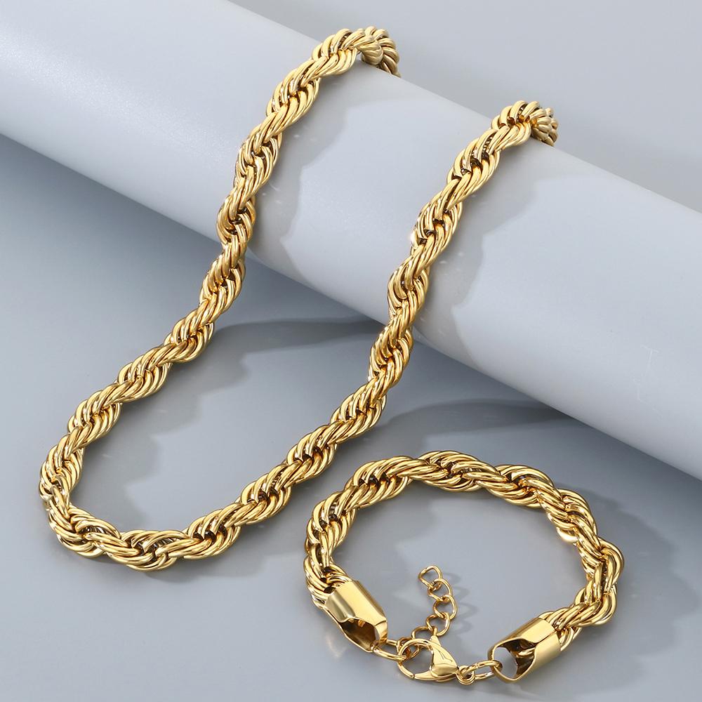 Classic Men's 10mm Twisted Rope Chain Man Bracelet Necklace Set Luxury Black Gold Color 61CM Long Stainless Steel Choker for Men
