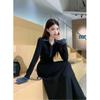 Korean Contrasting Color POLO Collar Long-sleeved Dress Women's Spring New High-end Waist Thin Inner Long Dress