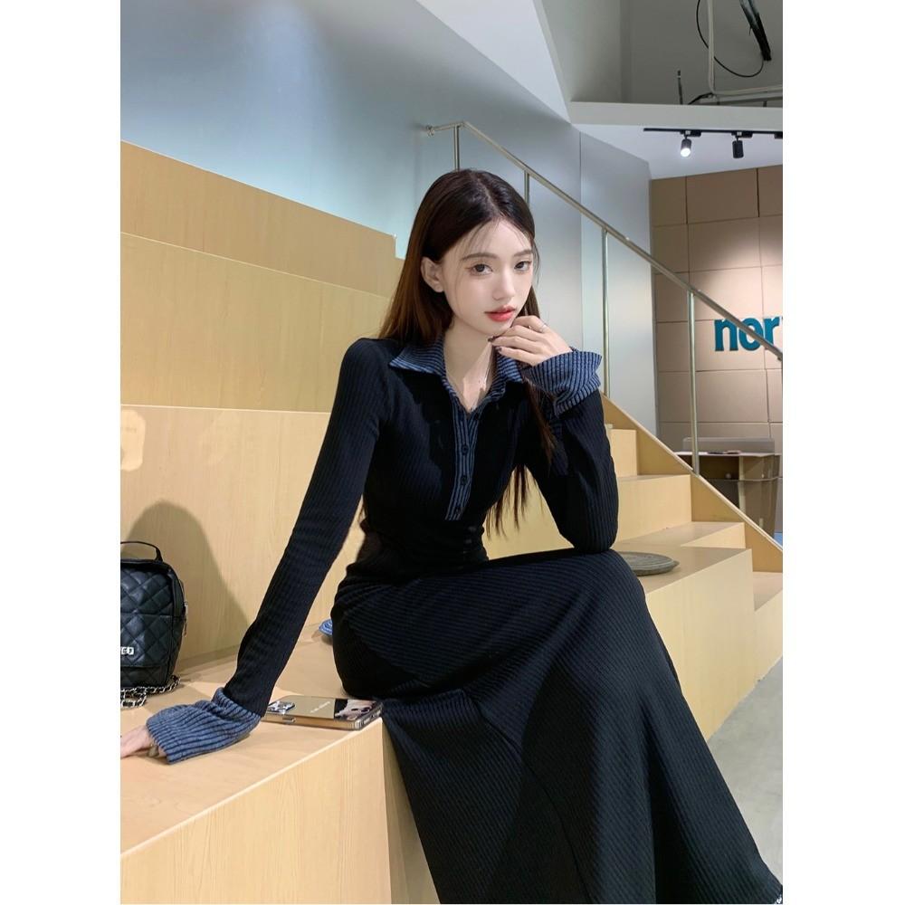 Korean Contrasting Color POLO Collar Long-sleeved Dress Women's Spring New High-end Waist Thin Inner Long Dress