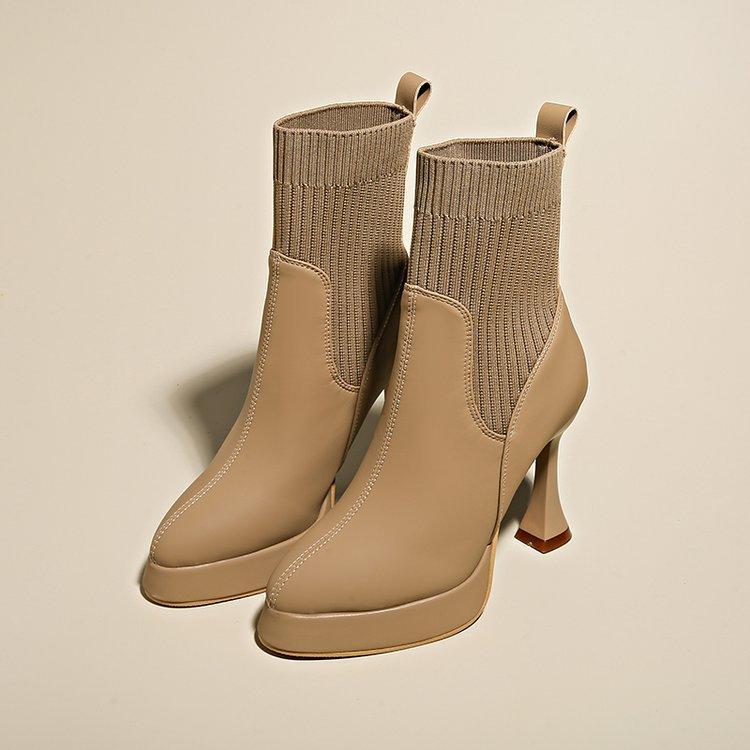 High-heeled Short Boots Spring and Autumn Pointed Toe Elastic Stocking Ankle Boots for Women Splicing Slip On Botas Femininas