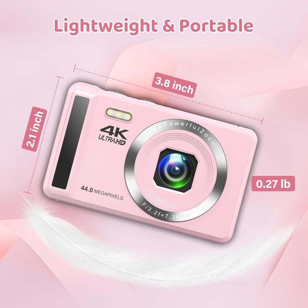 4K Digital Camera - 44MP UHD - 16X Digital Zoom - Vlogging Camera with 2 Batteries & 32GB SD Card for Teens & Students