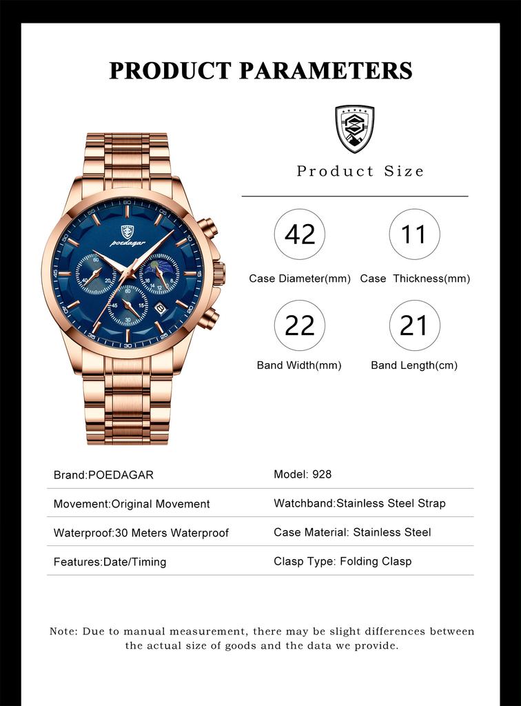 POEDAGAR Luxus Herrenuhr aus Edelstahl Chronograph Kalender Sportuhren für Herren Kleine Drei-Zeiger-Uhr Hohe Qualität Uhren