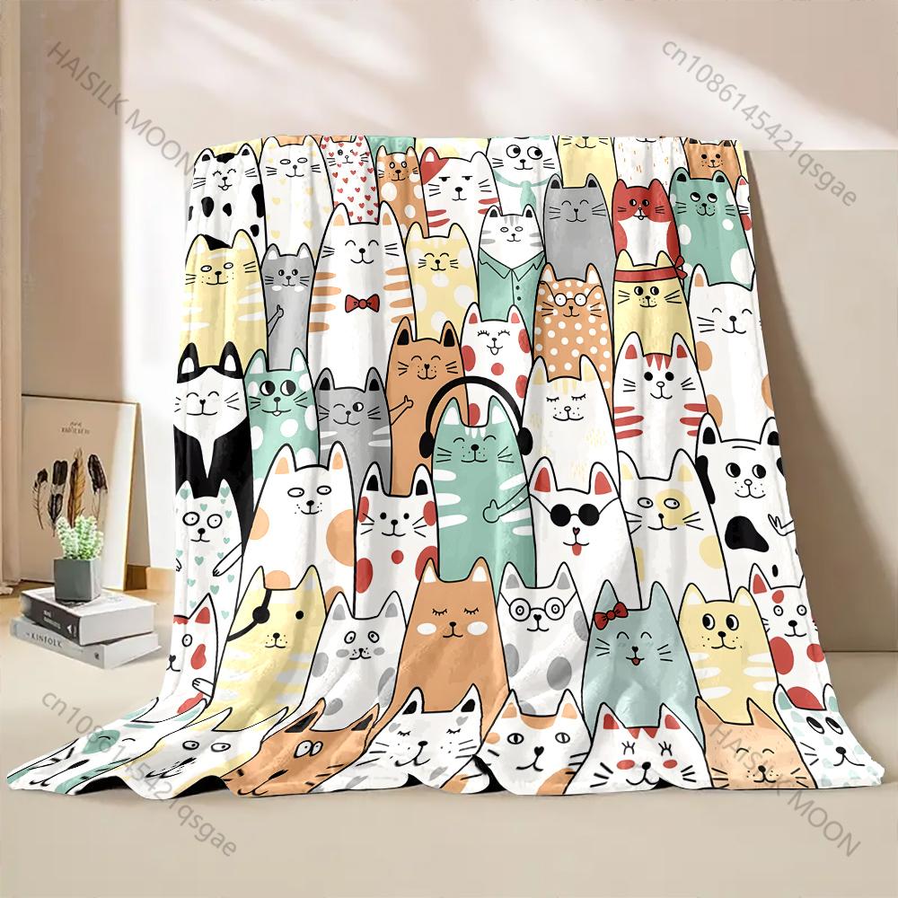 1PC Cute Cats Print Cartoon Blanket Warm and Comfortable Blanket for Home Sofa Travel Camping Picnic RV Luxury Gift