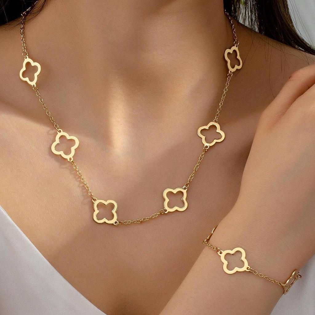 Metallic Four-Leaf Clover Bracelet & Necklace Set for Women