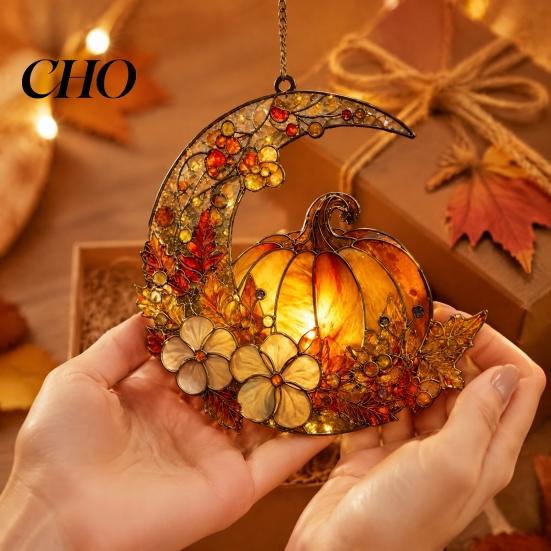 Light Catching Decorative Hanging Pendant Stained Glass Pumpkin Moon Suncatcher, Acrylic Crescent Window Decor with Creative Holiday Decoration