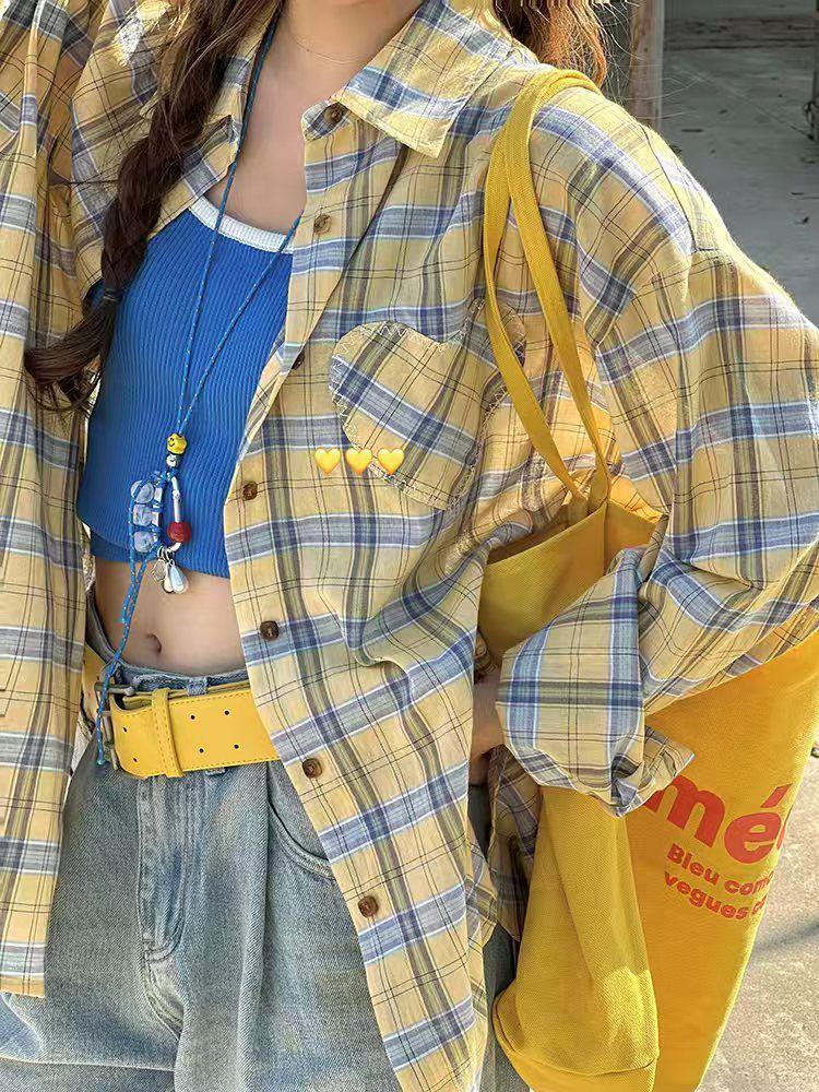 

Женская американская ретро желтая клетчатая рубашка с длинным рукавом и защитой от солнца - осенняя тонкая блузка свободного кроя S жёлтый