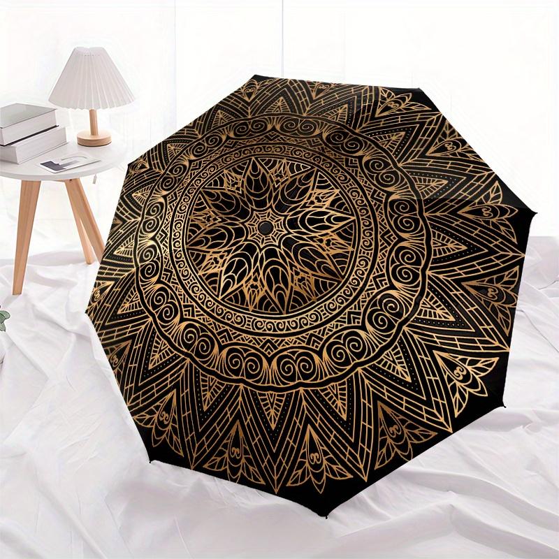 Golden Mandala Pattern Circular  Umbrella, Portable 3 Fold Compact Umbrella for Men & Women,S185