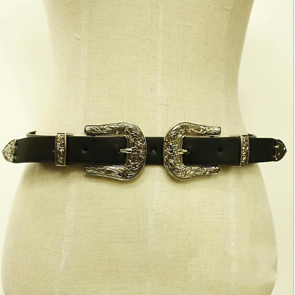 Faux Leather Belt with Double Floral Embossed Buckle Vintaje Women's Silver, As Described
