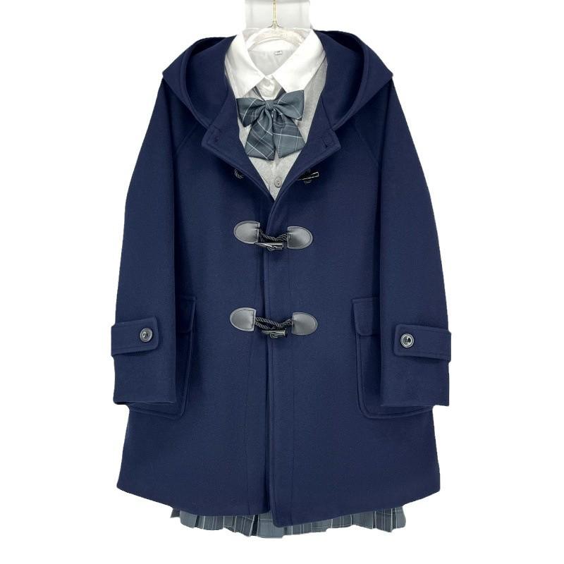 Navy Blue Hooded Woolen Coat: Women's Autumn/Winter College Style with Thick Cotton Padding and Toggle Closure.