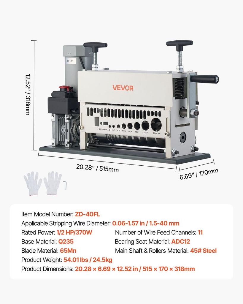 Electric Wire Stripper Machine, 1.5-40 Mm, 11 Channel Automatic Copper Cable Stripper, 370W Wire Stripper Tool with Manual Hand Crank Mode, Emergency