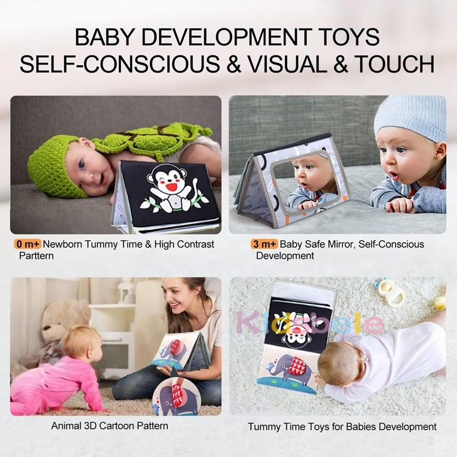 Baby Tummy Time Mirror Book Montessori Soft Cloth Sensory Book With Crinkle Shapes Animals High Contrast Pages For Newborns