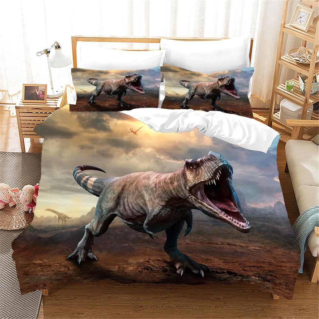 3 stk Sengesett 3d Dinosaur World Tyrannosaurus Rex Kids Barn Mikrofiber Polyester Seng Dynetrekk Sett Og 2 stk Putetrekk
