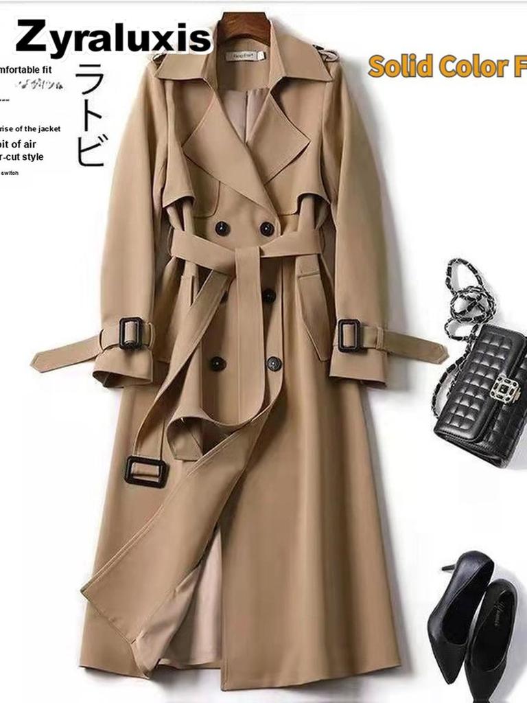 Women's Long Trench Coat Autumn Spring Korean Style Petite British Style Over Knee Dress Coat Jacket