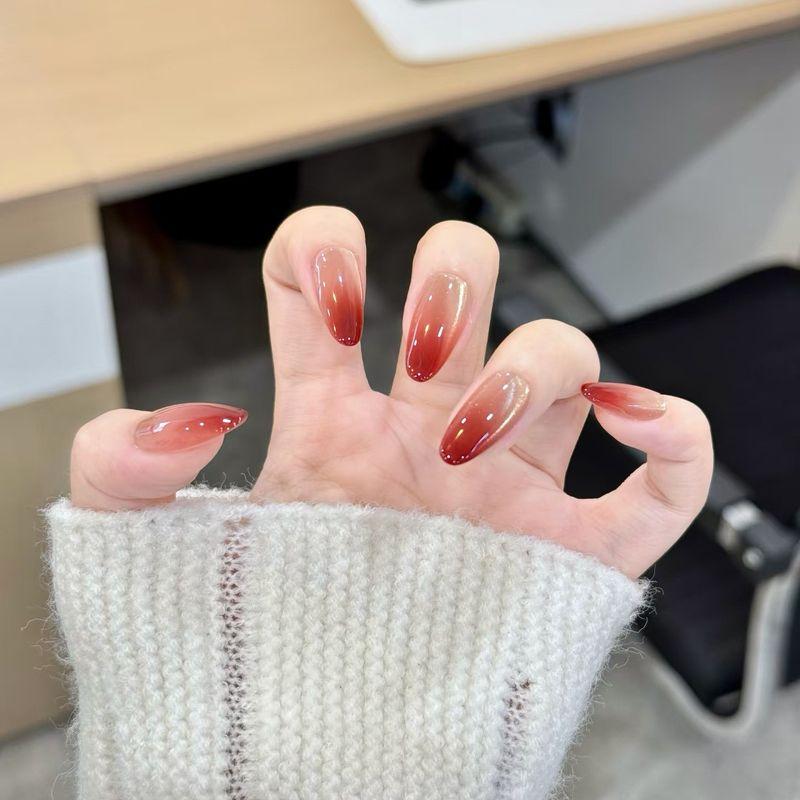 

Micro Glass Bead Nail Stickers Minimalist Elegant White Black Tea Gradient Cat Eye Wear Armor Removable Long Fake Nails Gradual black tea cat s eye-medium long round head