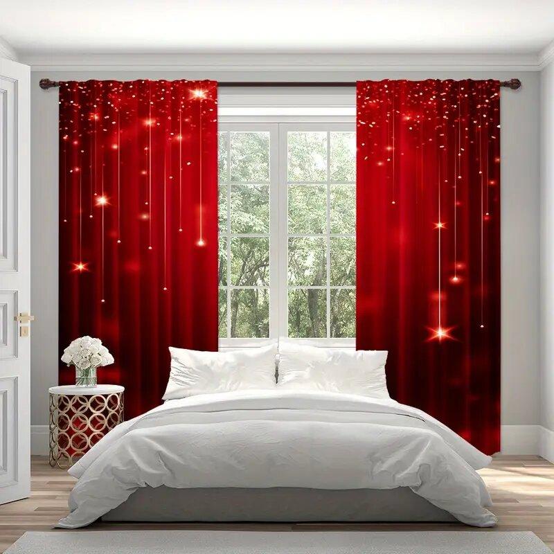 2pcs - Christmas Curtains, Christmas Golden Star red polyester printed curtains, home decoration, room decoration