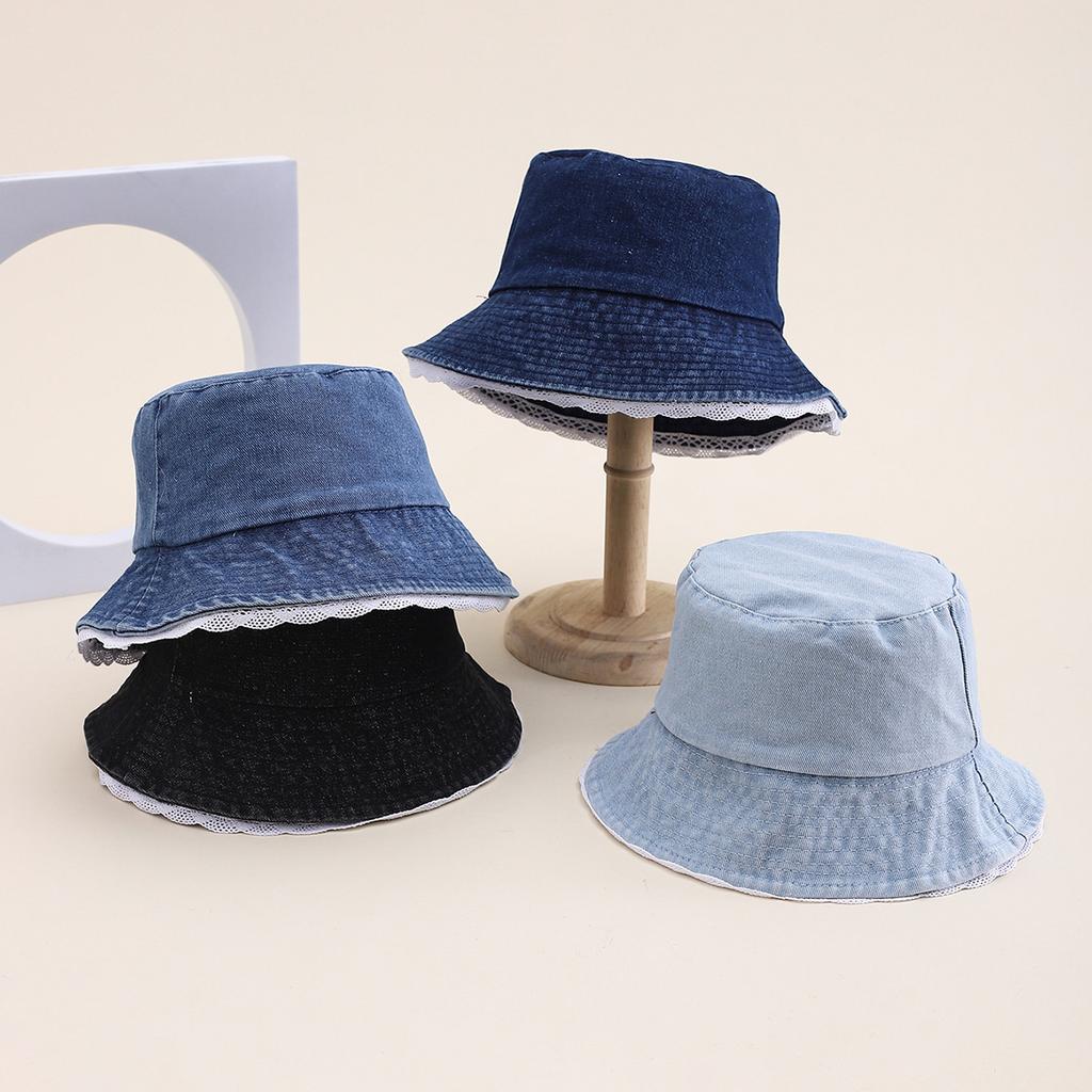 Korean Version of the New Lace Edge Decorative Denim Bucket Hat Women's Spring and Summer Sunshade Sweet Basin Hat Shows a Small Tide