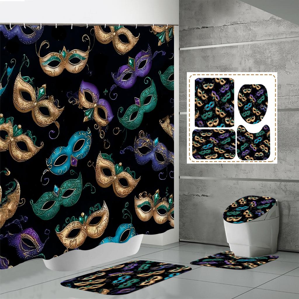 4PCS  Shower Curtain Sets With Shower Curtain And Rugs Toilet Lid Rug U Shape Mat And Bath Mat Bathroom Set  With 12 Hooks