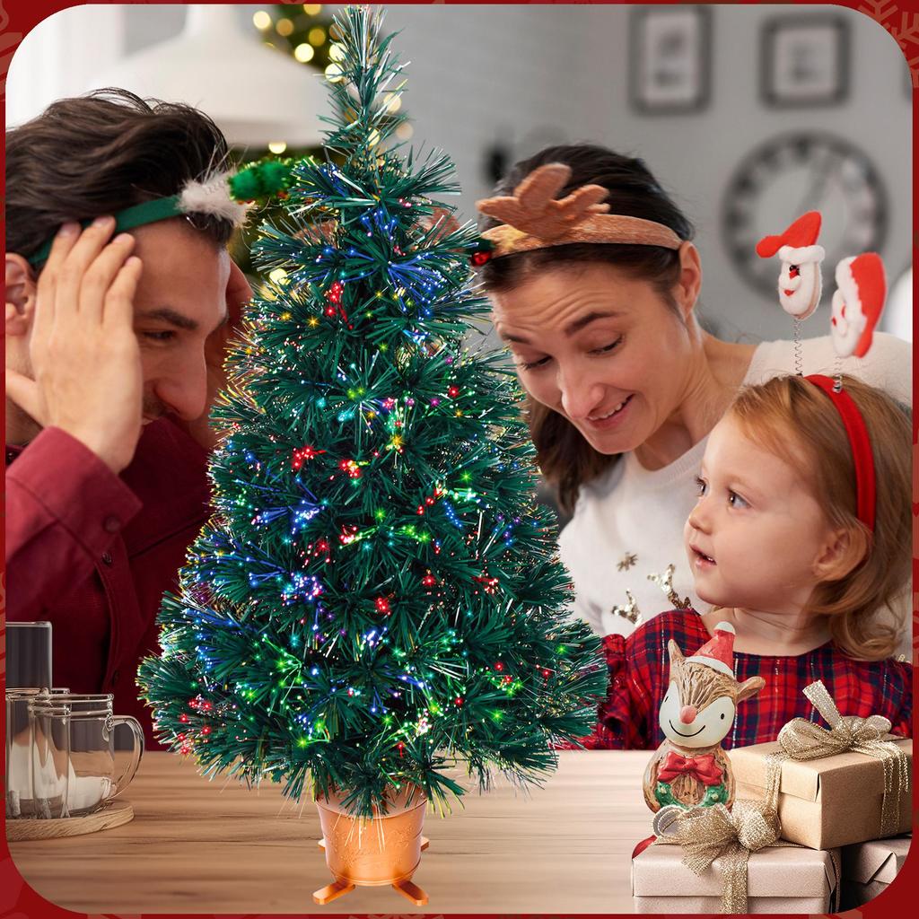 24 Inch Green Pre-lit Mini Fiber Optic Tabletop Artificial Christmas Tree with LED Lights Gold Base Xmas Table Top Tree