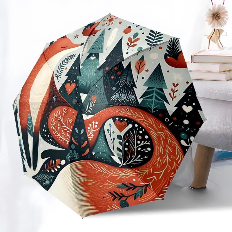 

1pc Autumn Fox Forest Design Automatic Folding Umbrella - Portable 3-Fold Design with 8-Bone Iron Frame, Perfect for Outdoor Use, Festive Gifts, Fans,
