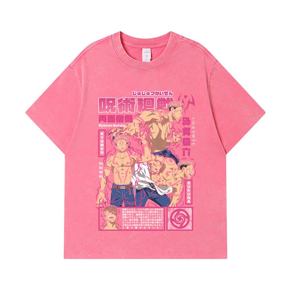 275 GSM Washed T-shirts 100% Cotton Jujutsu Kaisen V45 Sukuna Print Unisex Heavy Cotton T Shirt