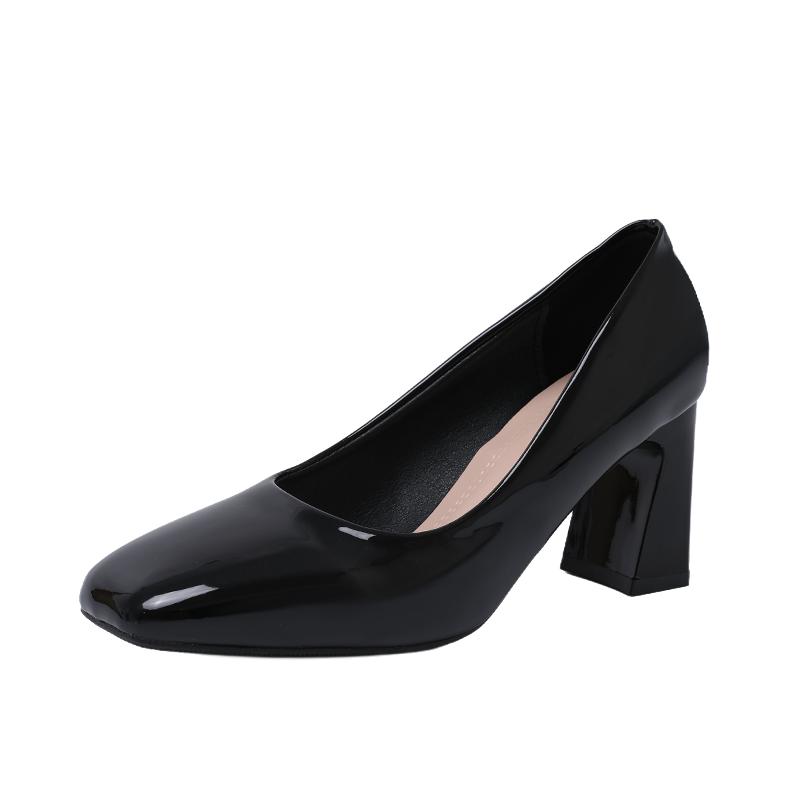 Metal Buckle Square Toe Patent Leather High Heels Autumn New Slip-on Non-Slip Wear-Resistant Block Heel Single