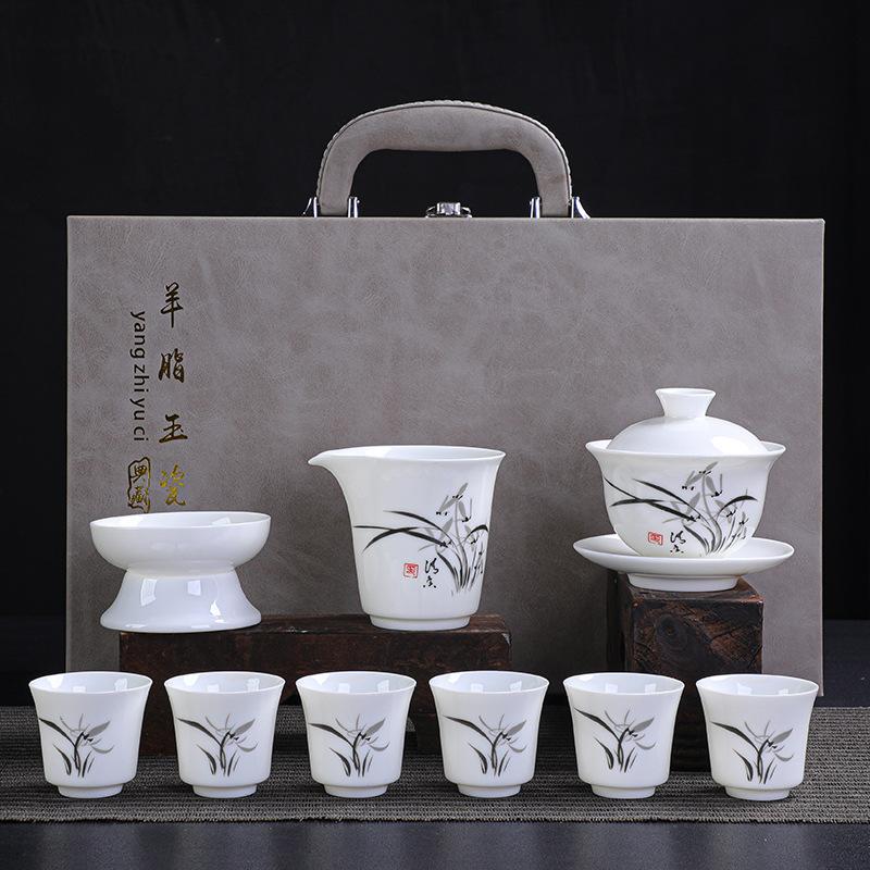 Ceramic White Suet Jade Porcelain Kung Fu Tea Set Business Company High-end Gifts