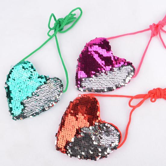 Borsa a Spalla Piccola Portamonete a Forma di Cuore con Doppi Colori e Paillettes per Bambina