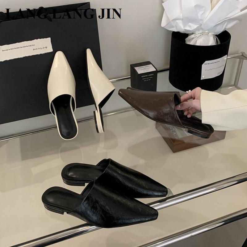Designer 2025 Spring Pointed Toe Women Mule Slippers Female  Slip On Shoes Ladies Casual Loafers Flats Heel Slides Sandals Mujer