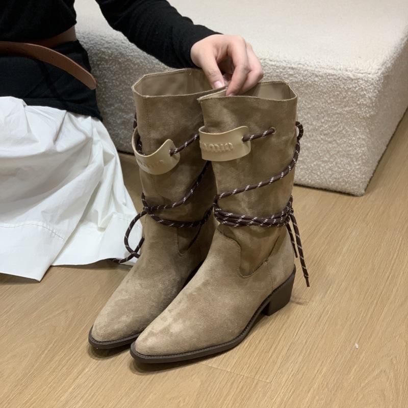 

Retro thick heel brown suede medium tube stacking boots women s 2025 new thin boots spring and autumn single boots western short boots 40